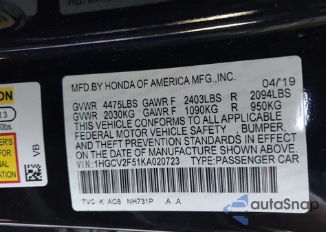 2019 Honda Accord Ex-L 2.0T from USA, damaged, VIN 1HGCV2F51KA020723